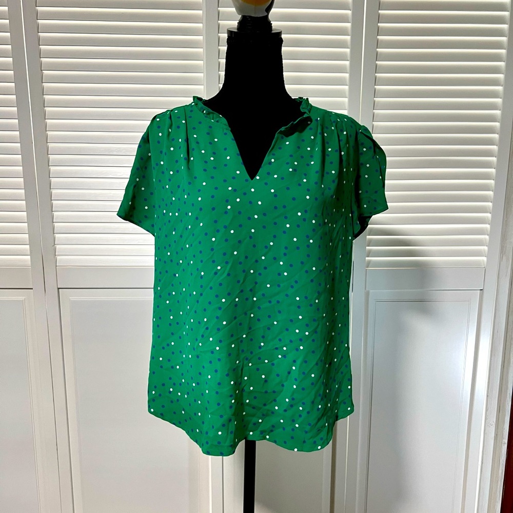Green blouse with blue and white dots